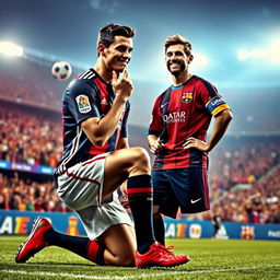 A humorous and surreal scene of Cristiano Ronaldo kneeling and gently kissing Lionel Messi's feet