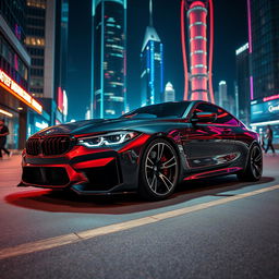A stunning cinematic shot of a futuristic BMW M4 concept car with sleek lines and an aerodynamic design, parked in a high-tech urban setting at night