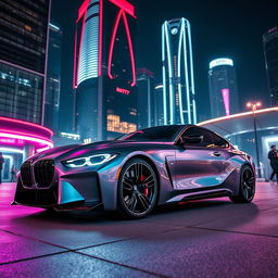 A stunning cinematic shot of a futuristic BMW M4 concept car with sleek lines and an aerodynamic design, parked in a high-tech urban setting at night