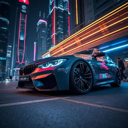 A stunning cinematic shot of a futuristic BMW M4 concept car with sleek lines and an aerodynamic design, parked in a high-tech urban setting at night