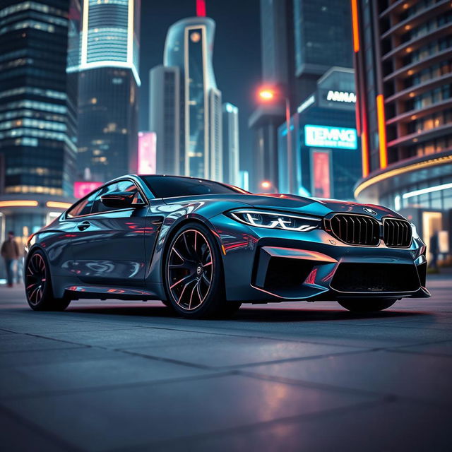 A stunning cinematic shot of a futuristic BMW M4 concept car with sleek lines and an aerodynamic design, parked in a high-tech urban setting at night