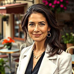 A 39-year-old woman with dark hair, showcasing classic Italian features
