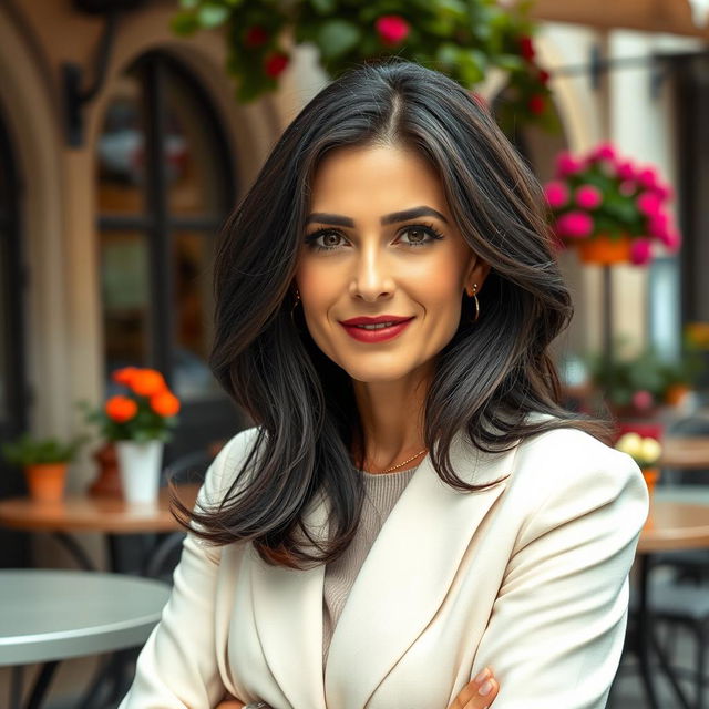 A 39-year-old woman with dark hair, showcasing classic Italian features