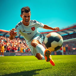 A dramatic scene depicting a famous soccer player resembling Cristiano Ronaldo in a dynamic and exaggerated perspective, showcasing him in an action-packed moment where he playfully snatches an opposing player's soccer ball