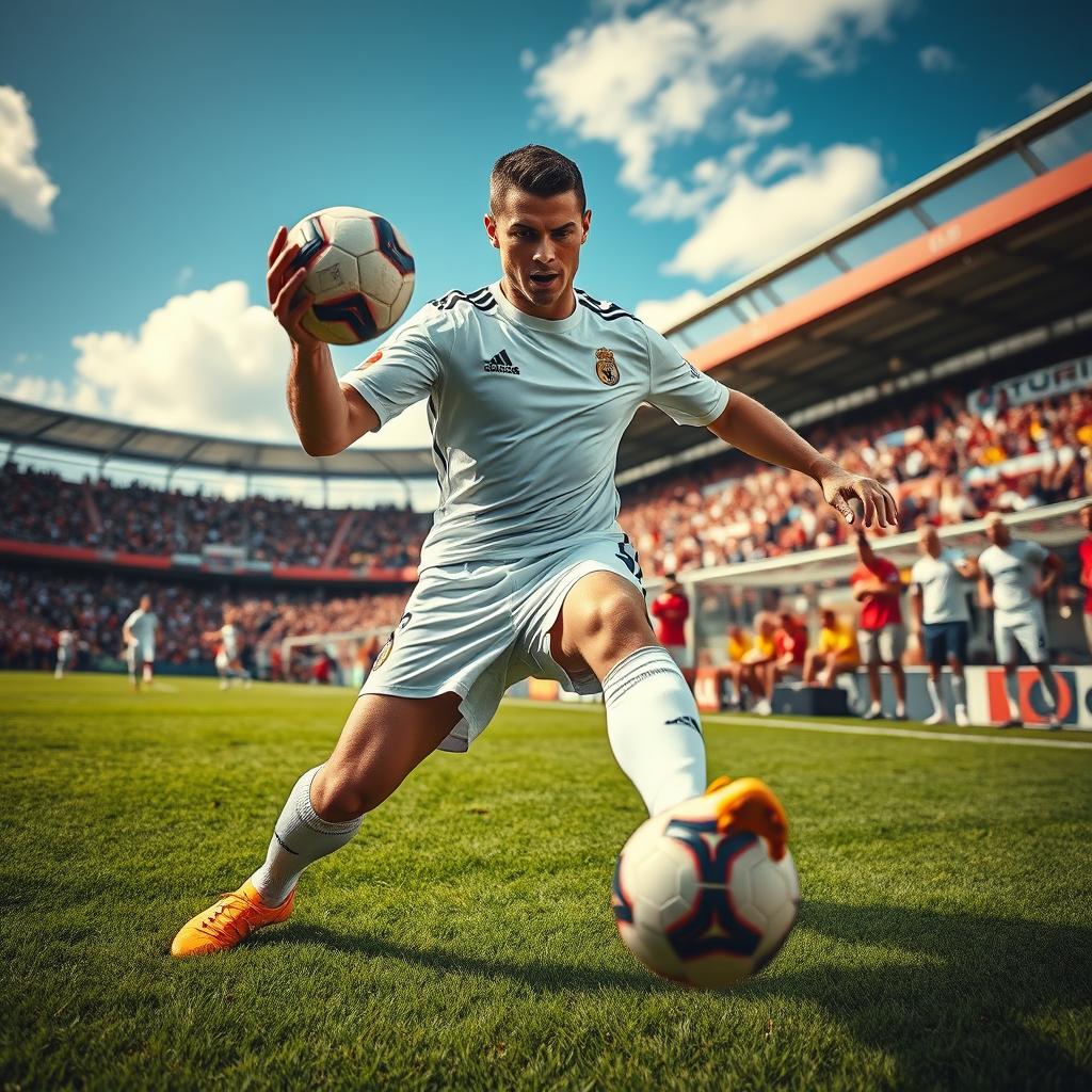 A dramatic scene depicting a famous soccer player resembling Cristiano Ronaldo in a dynamic and exaggerated perspective, showcasing him in an action-packed moment where he playfully snatches an opposing player's soccer ball