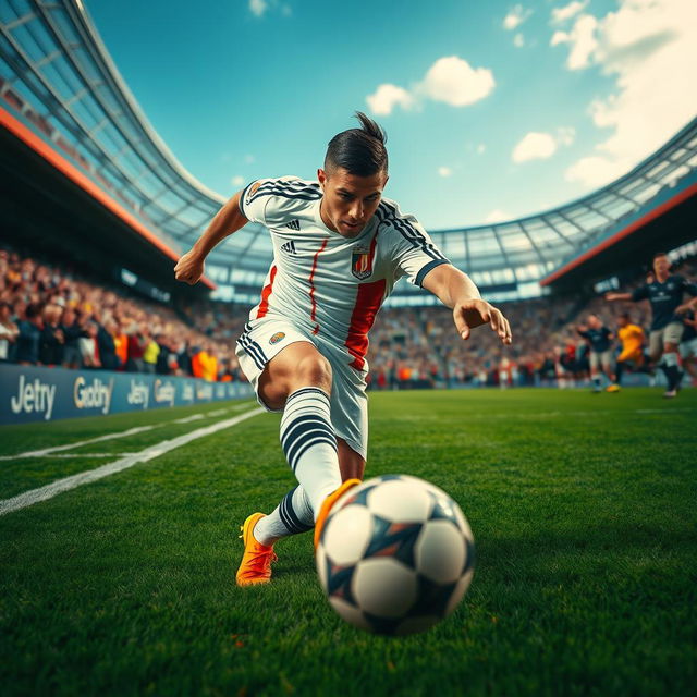 A dramatic scene depicting a famous soccer player resembling Cristiano Ronaldo in a dynamic and exaggerated perspective, showcasing him in an action-packed moment where he playfully snatches an opposing player's soccer ball