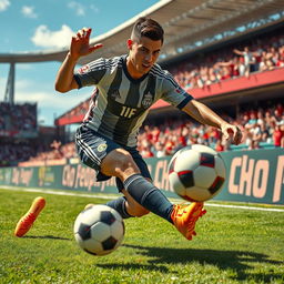 A dramatic scene depicting a famous soccer player resembling Cristiano Ronaldo in a dynamic and exaggerated perspective, showcasing him in an action-packed moment where he playfully snatches an opposing player's soccer ball