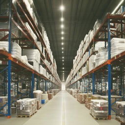 A sprawling, industrial-style warehouse with neat rows of high shelves filled with various unopened boxes, under an expanse of high, exposed ceilings and concrete floors illuminated by numerous overhead lights.