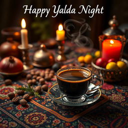 A cozy scene depicting Yalda Night, featuring a steaming cup of espresso on a beautifully decorated table