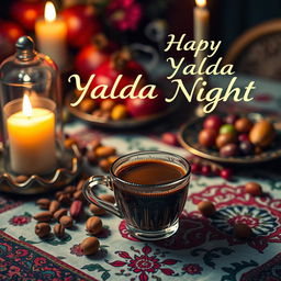 A cozy scene depicting Yalda Night, featuring a steaming cup of espresso on a beautifully decorated table