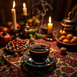 A cozy scene depicting Yalda Night, featuring a steaming cup of espresso on a beautifully decorated table