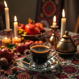 A cozy scene depicting Yalda Night, featuring a steaming cup of espresso on a beautifully decorated table
