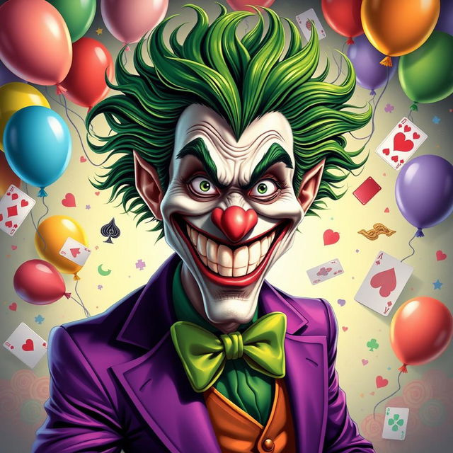 A dynamic artwork featuring a joker character with a flamboyant personality, characterized by wild green hair and a broad, mischievous grin