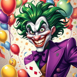 A dynamic artwork featuring a joker character with a flamboyant personality, characterized by wild green hair and a broad, mischievous grin