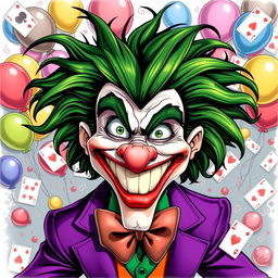 A dynamic artwork featuring a joker character with a flamboyant personality, characterized by wild green hair and a broad, mischievous grin