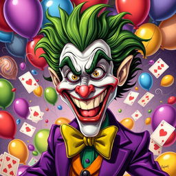 A dynamic artwork featuring a joker character with a flamboyant personality, characterized by wild green hair and a broad, mischievous grin