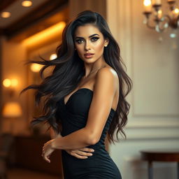 A stunning and alluring woman with long flowing hair, wearing a chic and sleek black dress that accentuates her curves, standing confidently with a captivating gaze