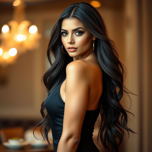 A stunning and alluring woman with long flowing hair, wearing a chic and sleek black dress that accentuates her curves, standing confidently with a captivating gaze