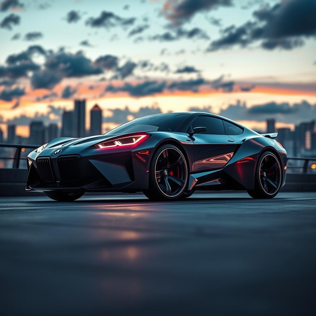 A stunning cinematic shot of a futuristic BMW 1M concept car, featuring sleek aerodynamic lines, bold angular design, and a captivating metallic finish