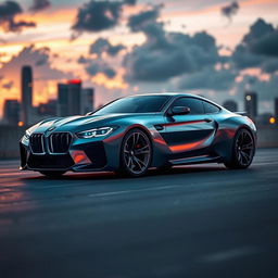 A stunning cinematic shot of a futuristic BMW 1M concept car, featuring sleek aerodynamic lines, bold angular design, and a captivating metallic finish