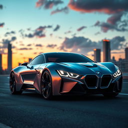 A stunning cinematic shot of a futuristic BMW 1M concept car, featuring sleek aerodynamic lines, bold angular design, and a captivating metallic finish