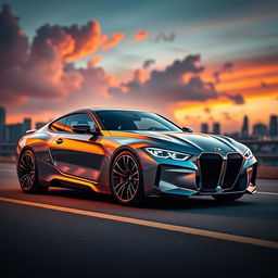 A stunning cinematic shot of a futuristic BMW 1M concept car, featuring sleek aerodynamic lines, bold angular design, and a captivating metallic finish