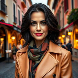 A 39-year-old woman with dark hair, showcasing distinct Italian features