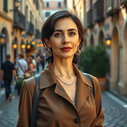 A 39-year-old woman with dark hair, showcasing distinct Italian features