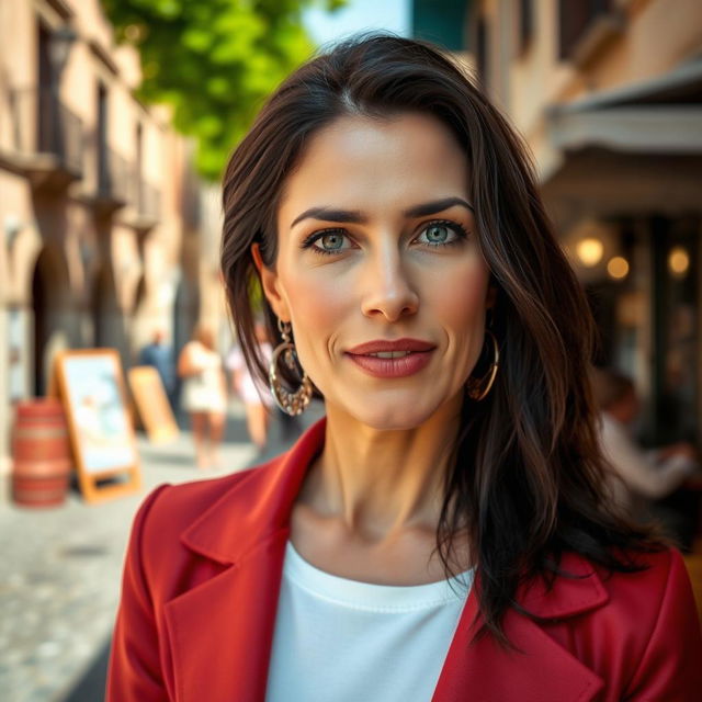 A 39-year-old woman with dark hair, showcasing distinct Italian features