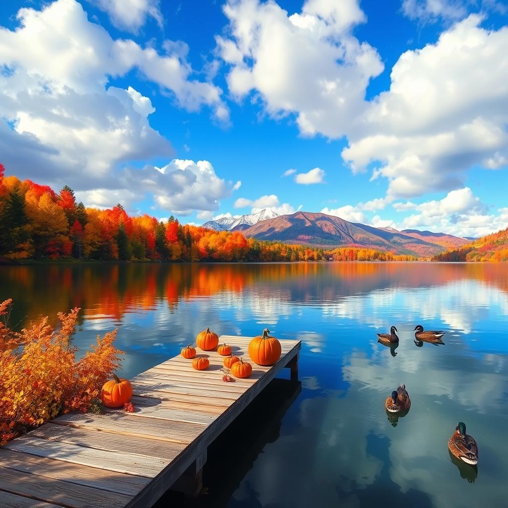 A picturesque landscape featuring a serene lake surrounded by vibrant autumn trees in shades of red, orange, and yellow