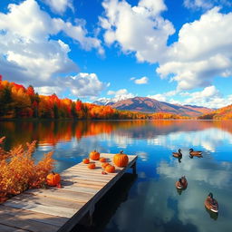 A picturesque landscape featuring a serene lake surrounded by vibrant autumn trees in shades of red, orange, and yellow