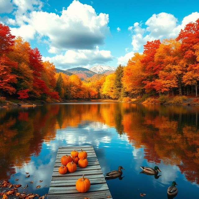 A picturesque landscape featuring a serene lake surrounded by vibrant autumn trees in shades of red, orange, and yellow