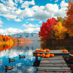 A picturesque landscape featuring a serene lake surrounded by vibrant autumn trees in shades of red, orange, and yellow