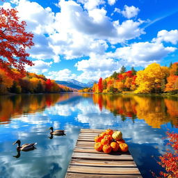 A picturesque landscape featuring a serene lake surrounded by vibrant autumn trees in shades of red, orange, and yellow