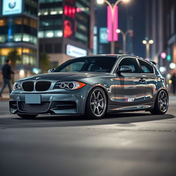 A cinematic shot of a modified BMW 1 Series E87 5-door hatchback, showcasing its sleek lines and aggressive stance