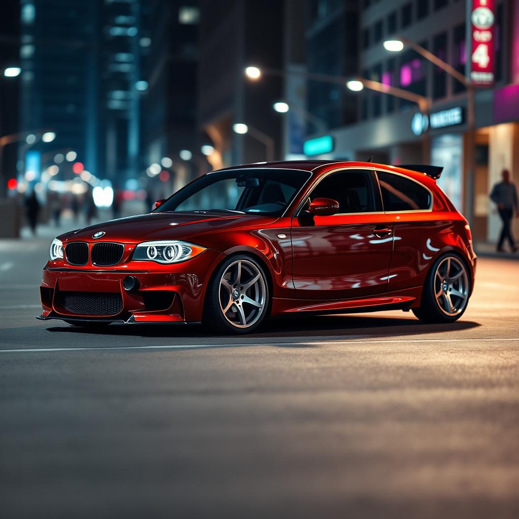 A cinematic shot of a modified BMW 1 Series E87 5-door hatchback, showcasing its sleek lines and aggressive stance