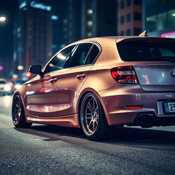 A cinematic shot of a modified BMW 1 Series E87 5-door hatchback, showcasing its sleek lines and aggressive stance