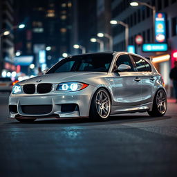 A cinematic shot of a modified BMW 1 Series E87 5-door hatchback, showcasing its sleek lines and aggressive stance