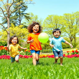 A group of three kids playing joyfully in a colorful park