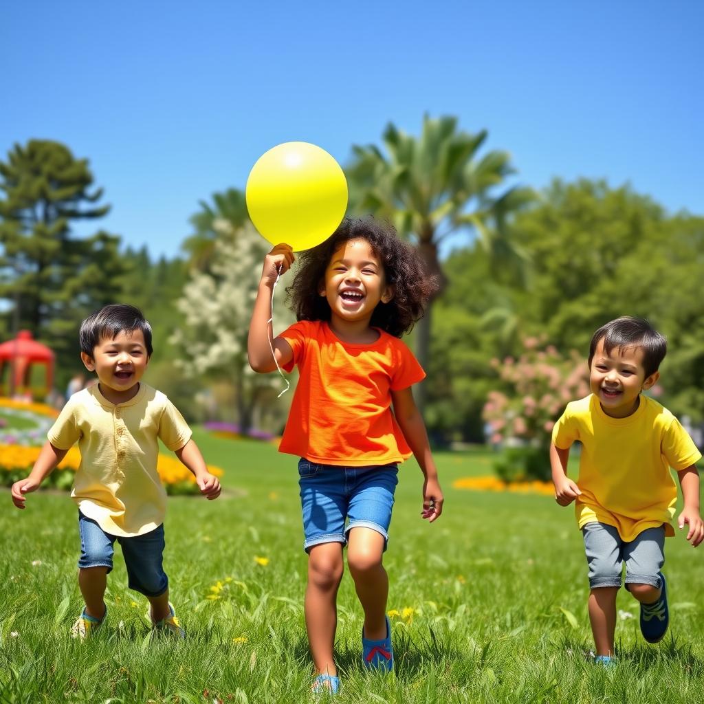 A group of three kids playing joyfully in a colorful park