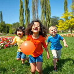 A group of three kids playing joyfully in a colorful park