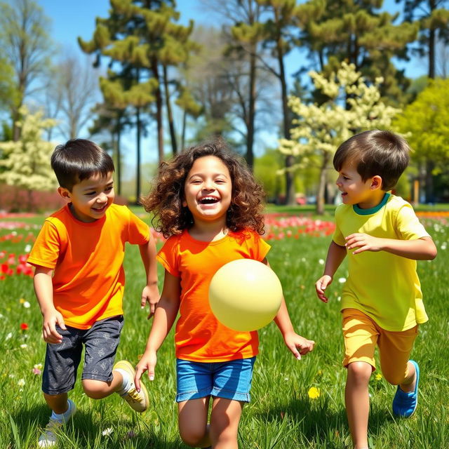 A group of three kids playing joyfully in a colorful park