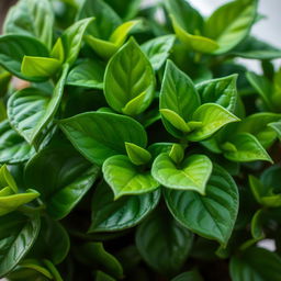 A detailed image of a vibrant green house plant, with rich green leaves showcasing various shapes and textures