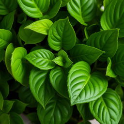 A detailed image of a vibrant green house plant, with rich green leaves showcasing various shapes and textures