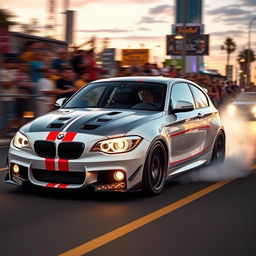 A cinematic shot of a modified BMW 1 Series E87 5-door hatchback racing on a vibrant street, showcasing its sleek and aerodynamic design, enhanced body kit, and bold racing stripes