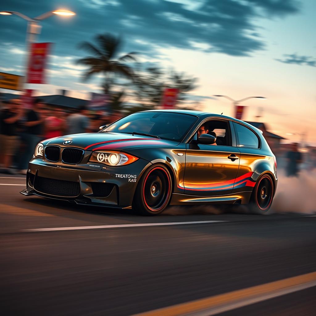 A cinematic shot of a modified BMW 1 Series E87 5-door hatchback racing on a vibrant street, showcasing its sleek and aerodynamic design, enhanced body kit, and bold racing stripes