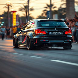 A cinematic shot of a modified BMW 1 Series E87 5-door hatchback racing on a vibrant street, showcasing its sleek and aerodynamic design, enhanced body kit, and bold racing stripes