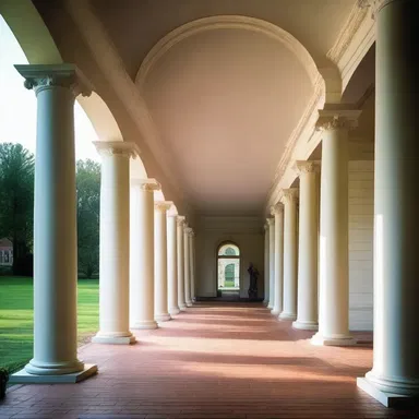 The Jeffersonian style of architecture can be seen in the beautifully designed columns and symmetrical layout of Monticello, creating a sense of elegance and practicality.