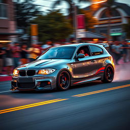 A cinematic shot of a modified BMW 1 Series E87 5-door hatchback racing on a vibrant street, showcasing its sleek and aerodynamic design, enhanced body kit, and bold racing stripes