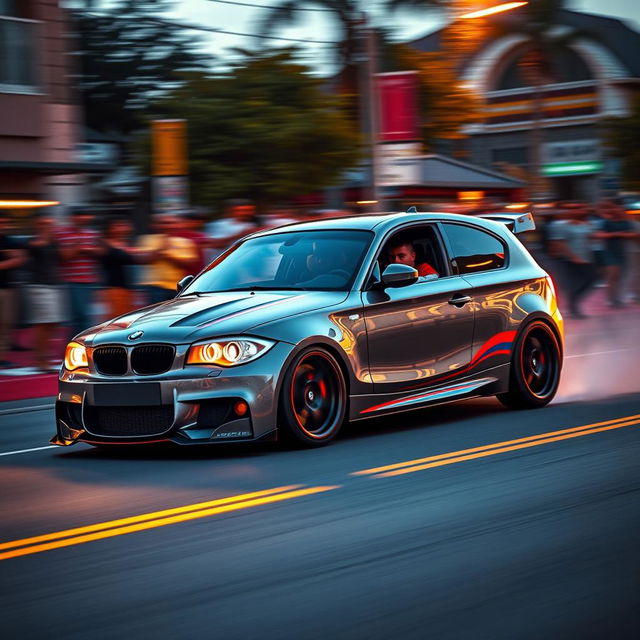 A cinematic shot of a modified BMW 1 Series E87 5-door hatchback racing on a vibrant street, showcasing its sleek and aerodynamic design, enhanced body kit, and bold racing stripes